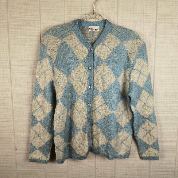 Vintage 60s Wool Mohair Cardigan Sweater Argyle Plaid Pastel Blue Bobbie Brooks - Picture 1 of 8